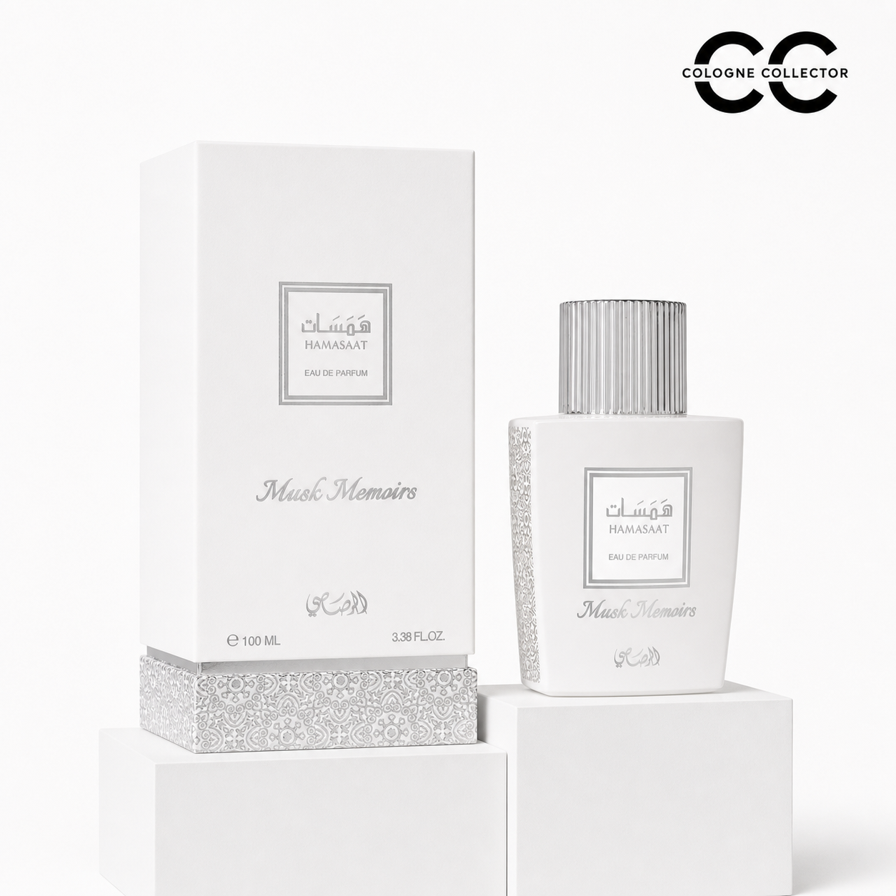 Hamasaat Musk Memoirs von Rasasi – CologneCollector Flakon mit Verpackung
